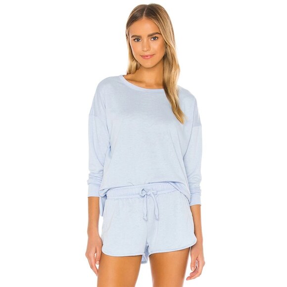NWT‎ onzie High Low Sweatshirt Pullover French Terry Sweater Light Blue S/M - Picture 1 of 8